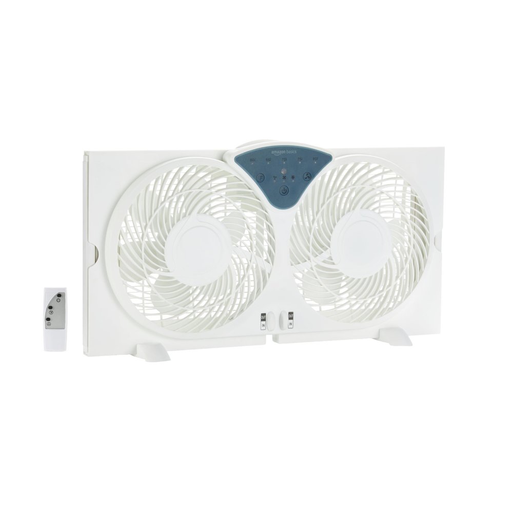 Amazon Basics Twin Window Fan with Reversible Airflow, 3 Speeds, Exhaust, Expandable Side Panel, Digital Control, 9 inch, 78W, White