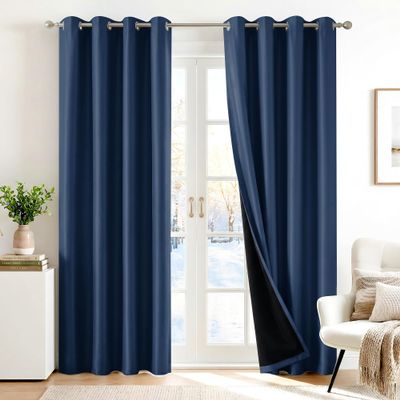 Deconovo 100% Blackout Curtains with Black Liner, Thermal Insulated NoiseReducing Grommet Drapes, DoubleLayer Room Darkening for Bedroom, Nursery, Home Office, 2 Panels, Navy, 52W x 84L