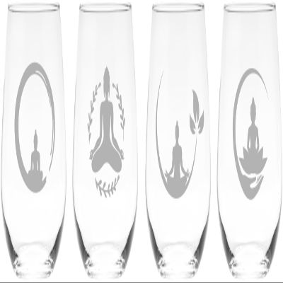 C M Yoga Stemless Wine Glass Set - Yoga Themed Gift for Women and Men - 4 Pieces