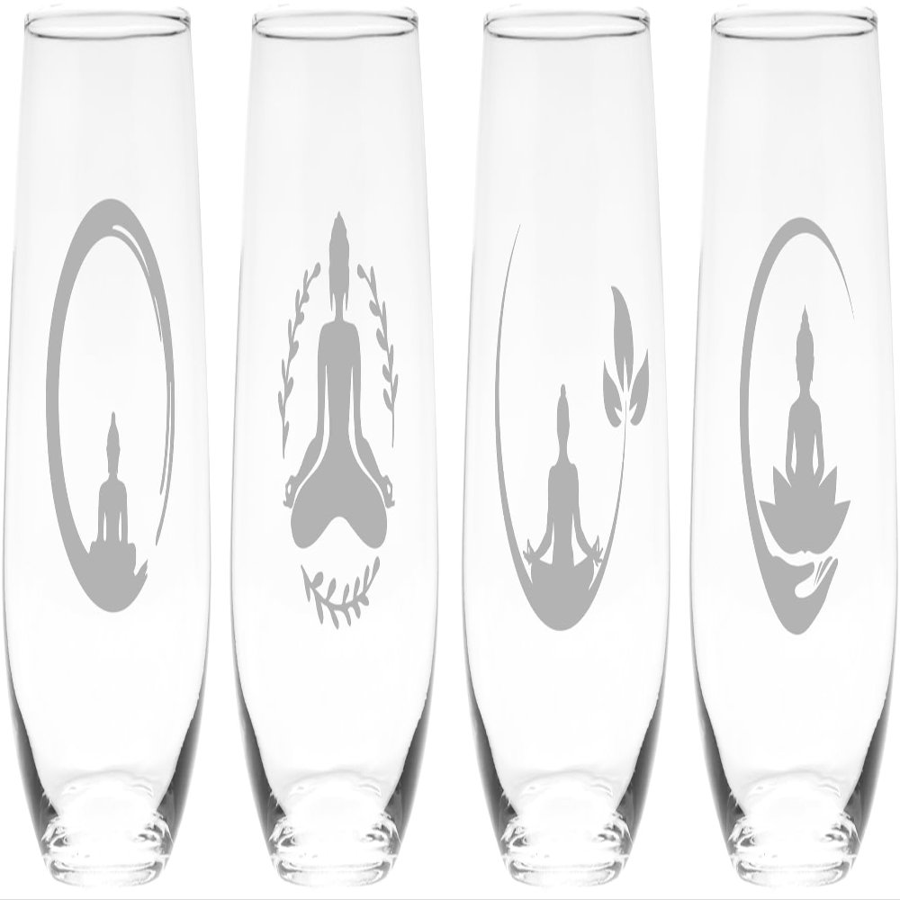 C M Yoga Stemless Wine Glass Set - Yoga Themed Gift for Women and Men - 4 Pieces