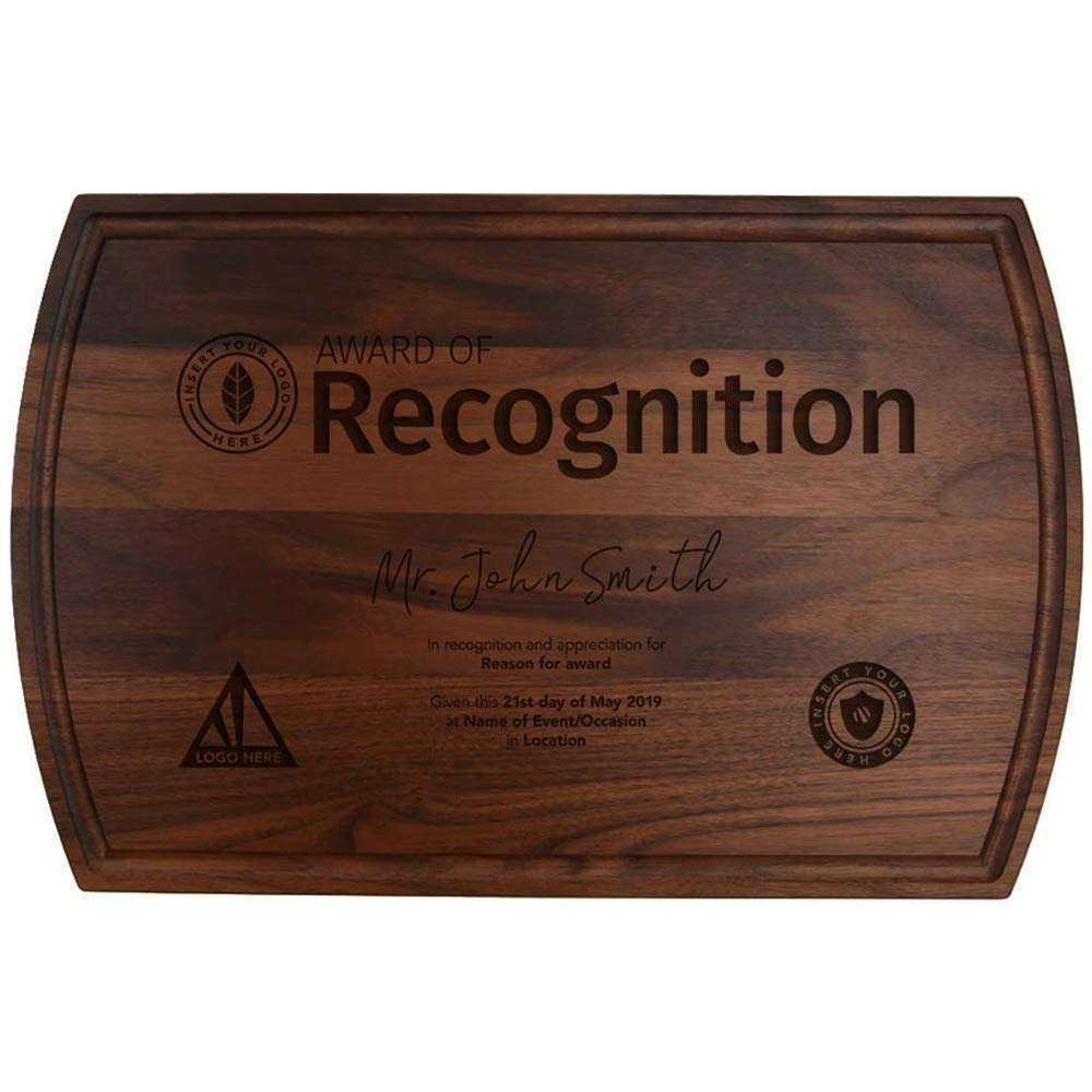 Award of Recognition-Personalized Wooden Cutting Board for Kitchen Juice Groove Natural Custom Engraved in USA, Teacher Appreciation, Graduation Retirement Coach Boss (Walnut 10.5x16 Inch)