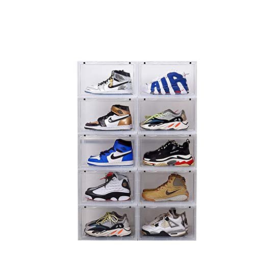 K.T.Z Magnetic Side Open Transparent Plastic Storage Shoe Box Stackable Foldable Storage Shoe Box Sneaker Storage Box Clear Plastic Shoe Boxes Size:14.2X11X8.7 Inch (D Style Transparent, 10 PCS)