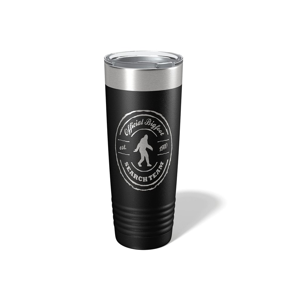 Alterd Industries Bigfoot - Bigfoot Gifts, Tumbler, Sasquatch, Camp Cup, 20oz, He's Out There, Engraved, Coffee Cup, Hide and Seek Champ (Bigfoot Search Team, Black, 20oz Tumbler)