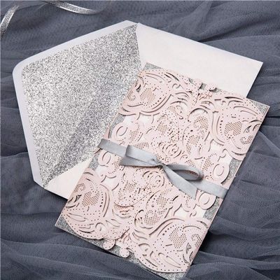 AOLISPRN Laser Cut Hollow Rose with Ribbon Wedding Invitations Cards for Wedding, Baby Shower, Birthday Invite