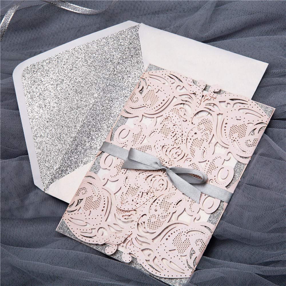 AOLISPRN Laser Cut Hollow Rose with Ribbon Wedding Invitations Cards for Wedding, Baby Shower, Birthday Invite