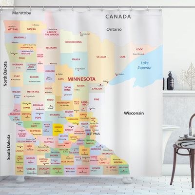 Lunarable US Map Shower Curtain, Minnesota Administrative Infographic Cities with Typography Political Territory, Cloth Fabric Bathroom Decor Set with Hooks, 69" W x 70" L, Multicolor