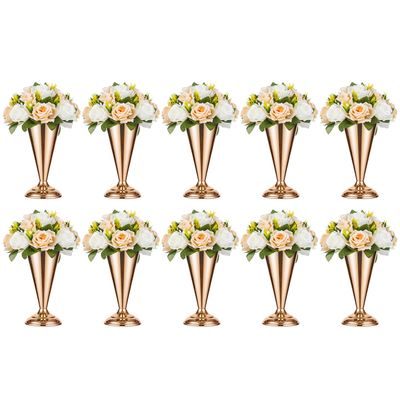 10 Pcs Tabletop Metal Wedding Flower Trumpet Vase, 9.8 inch Table Decorative Centerpiece Artificial Flower Arrangements for Anniversary Ceremony Party Birthday Event Aisle Home Decoration, Gold