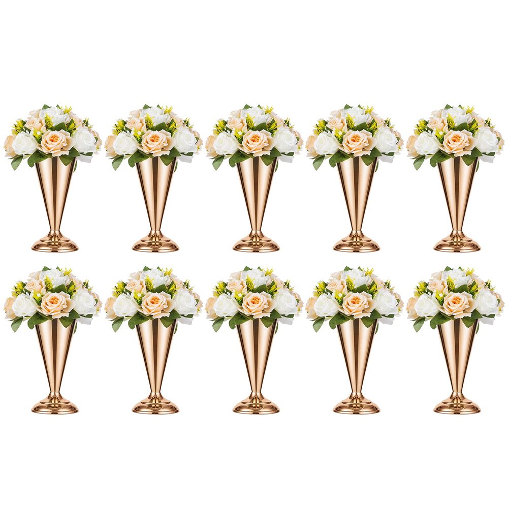 10 Pcs Tabletop Metal Wedding Flower Trumpet Vase, 9.8 inch Table Decorative Centerpiece Artificial Flower Arrangements for Anniversary Ceremony Party Birthday Event Aisle Home Decoration, Gold
