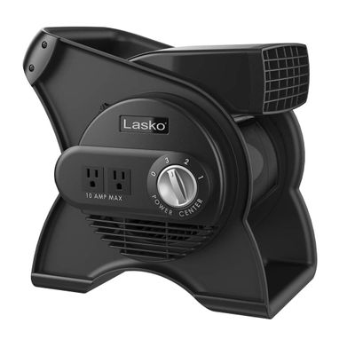 Lasko Portable Utility Fan, 12 289 CFM Pivoting High Velocity Air Mover Blower Fan, 3 Speeds, 2 Accessory Outlets 120V, Black, U12104