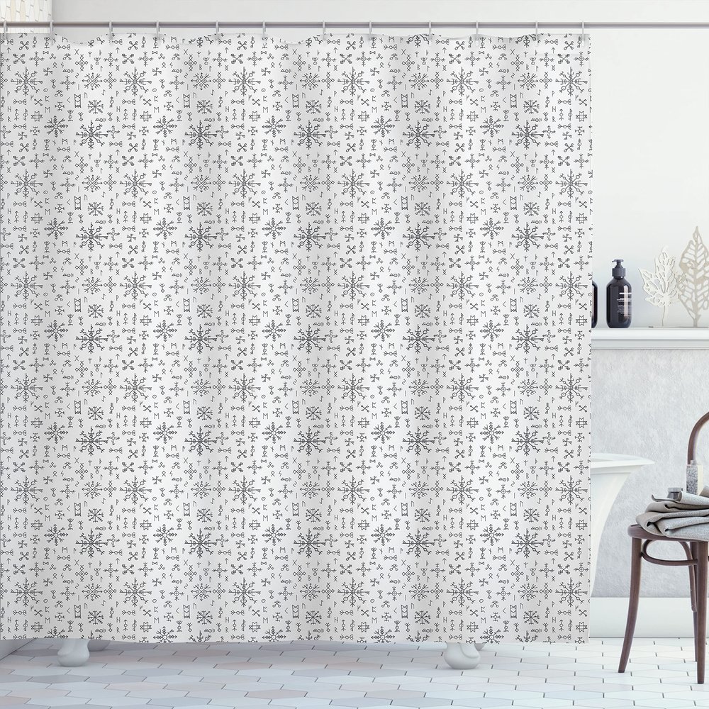 Ambesonne Nordic Shower Curtain, Viking Runes and Talismans Scandinavian Symbols with The Futhark Alphabet, Cloth Fabric Bathroom Decor Set with Hooks, 69" W x 84" L, Dark Grey and White