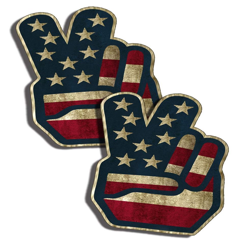 2 Pack Vinyl Sticker Decal Rustic American USA Peace Sign Flag Finger Hand Symbol Vinyl Decal, 5 in. x 3.5 in.