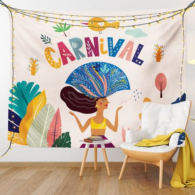 Ambesonne Carnival Tapestry King Size, Brazil National Fest Spring Welcoming Blossoms Samba Costume, Wall Hanging Bedspread Bed Cover Wall Decor, 104" X 88", Eggshell Pale Orange