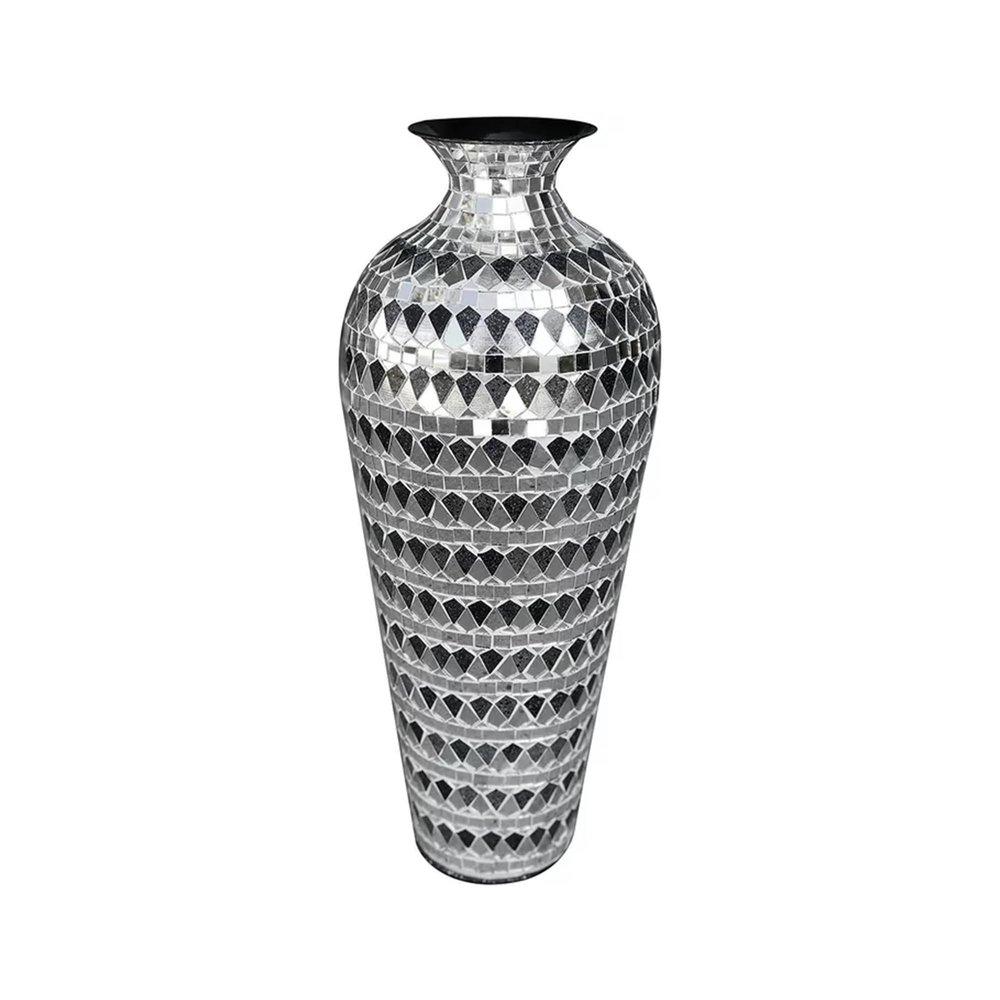 DecorShore 20 Inch Decorative Tall Mosaic Floor Vase, Accent Design for Home Decor Geometric Designer Pattern with Glass Mosaic- Elegant Silver & Black Tessellation Pattern