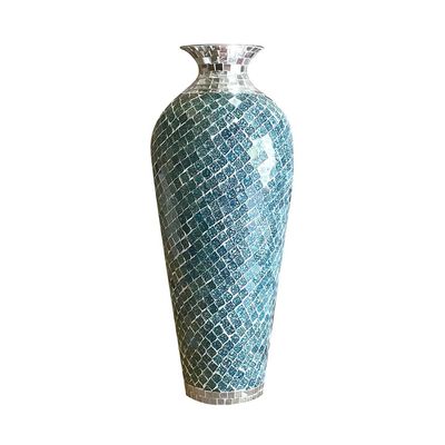 Floor Vase, Mosaic Vase, Decorative Metal Mosaic Piece Vase in Geometric Pattern Wavy Shape with Glass- Marbled Teal & Silver