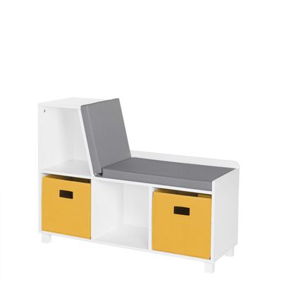 RiverRidge Book Nook Collection Kids Reading Nook and White Cubby Storage Bench With Yellow Bins Toy Storage with Comfy Cushioned Seat And Cubbies Toy Organizer Book Nook Storage Bench
