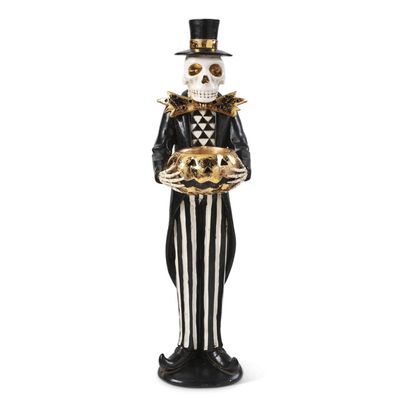 13 Inch Black and Gold Skeleton Holding Gold Jack O Lantern