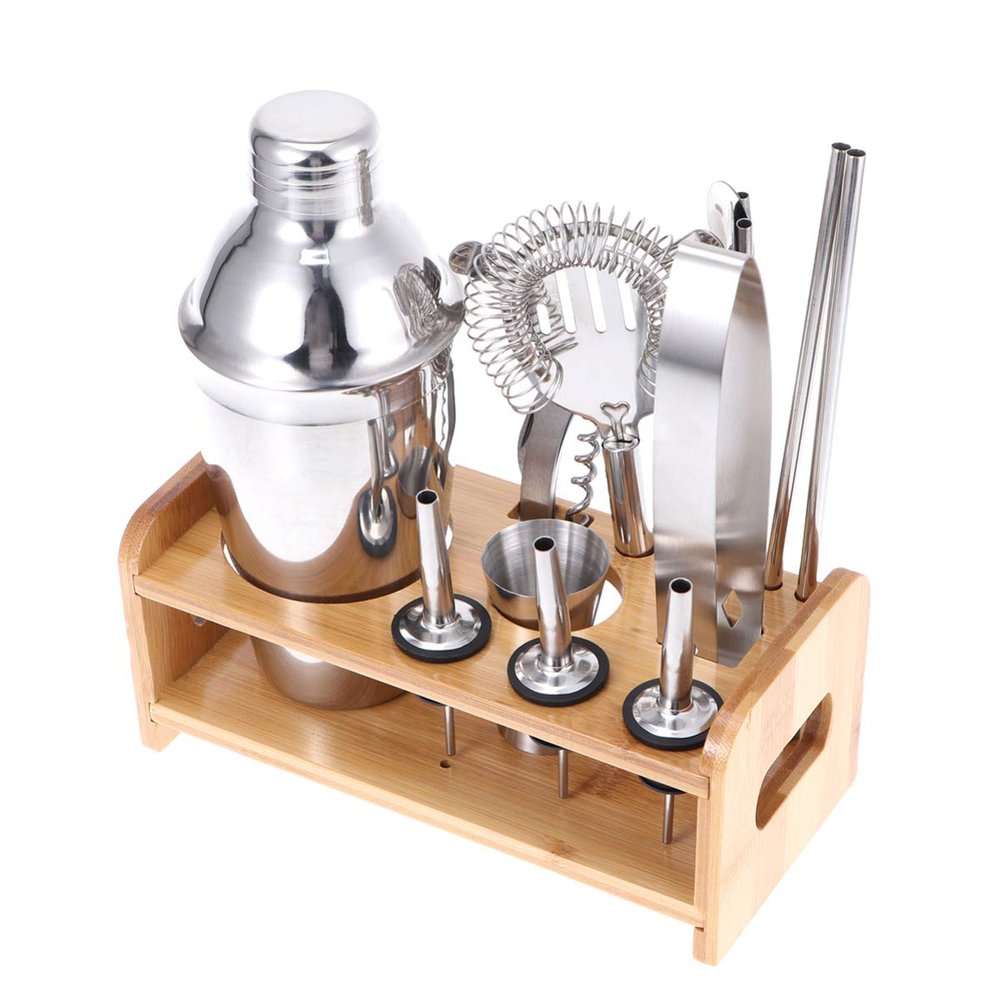 1 Set Stainless Steel Cocktail Kit Wooden Base Cocktail Mixing Kit Drink Mixer Bartender Tools (550ML)