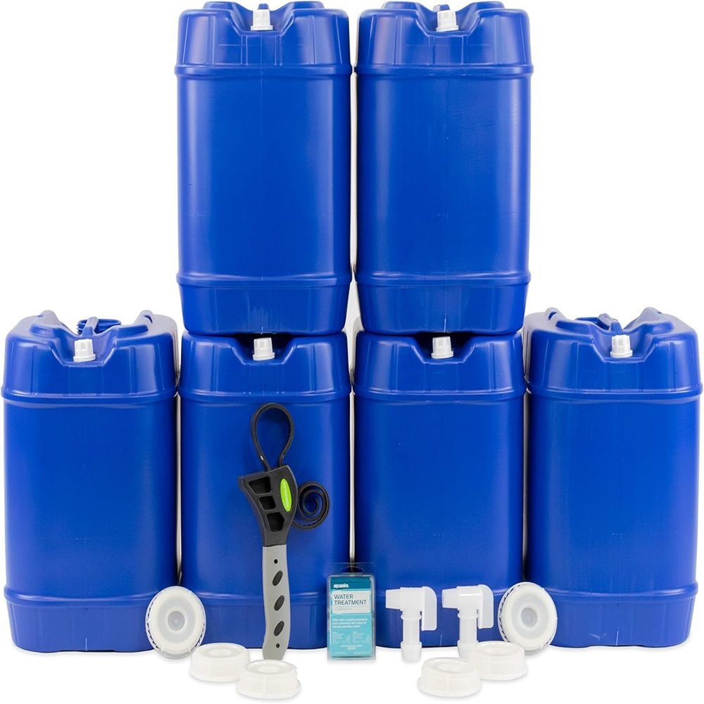 Legacy Food Storage Emergency Water Storage Containers, Long Term 5 Gallon Water Tank - 6 Stackable Food Grade Tanks Included, for Camping, Prepping, Survival - 30 Gallon Total Capacity