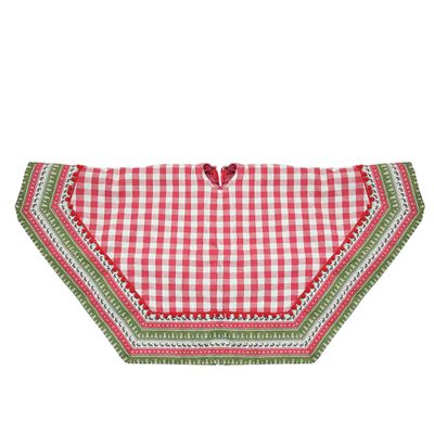50" Red and White Buffalo Plaid Christmas Tree Skirt with Woodland Fair Isle Trim
