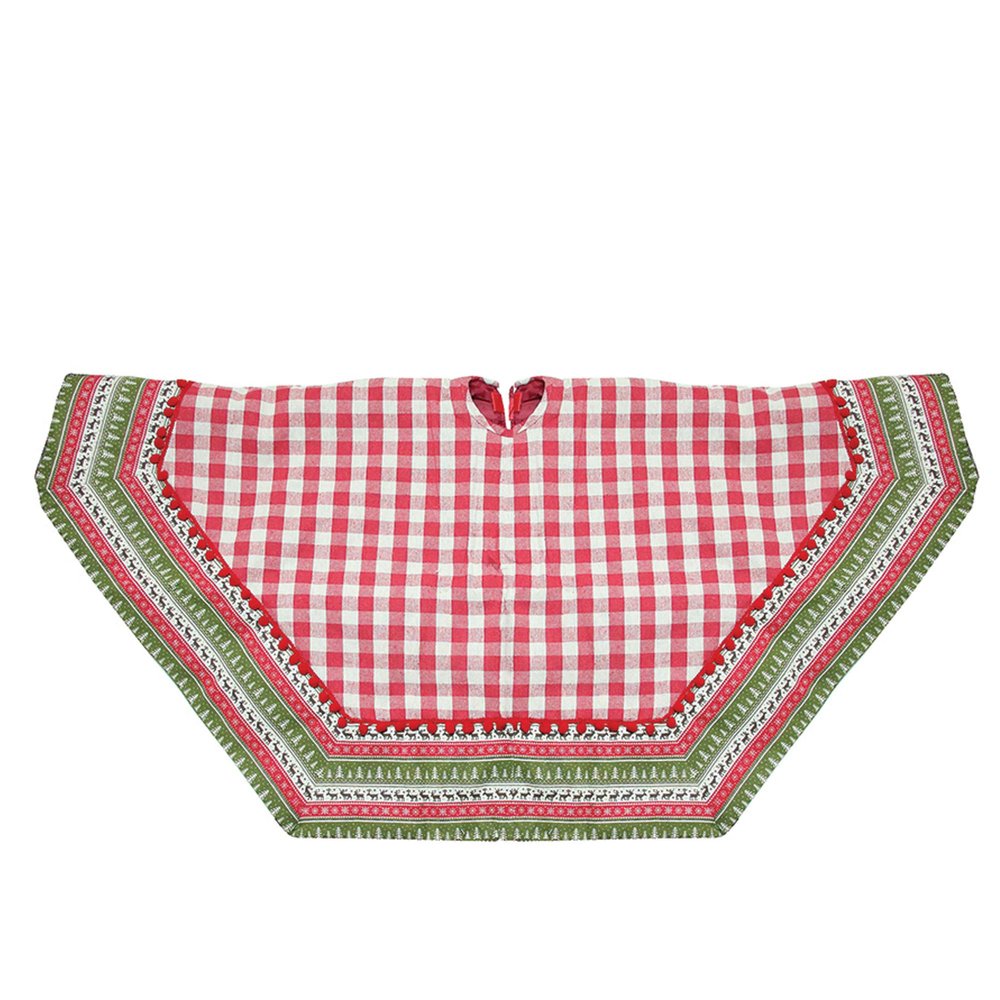 50" Red and White Buffalo Plaid Christmas Tree Skirt with Woodland Fair Isle Trim