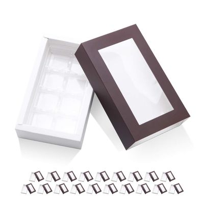 BAKIPACK 20 Truffle Box, Chocolate Box Packaging, Candy Boxes with 8-Piece Plastics Tray (Tray Size with 5.75x2.75 Inches), Pull Out Packing with Clear Window Sleeves, Dark Brown
