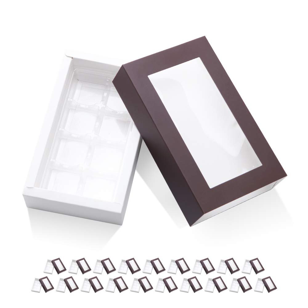 BAKIPACK 20 Truffle Box, Chocolate Box Packaging, Candy Boxes with 8-Piece Plastics Tray (Tray Size with 5.75x2.75 Inches), Pull Out Packing with Clear Window Sleeves, Dark Brown