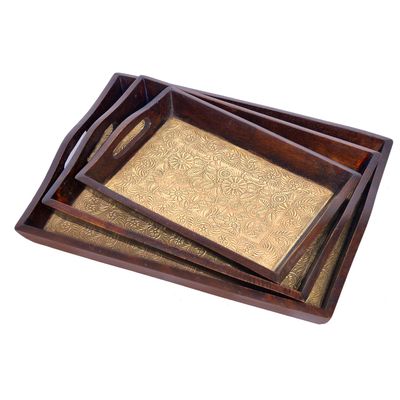 Eurasia Antique Look Rectangle Brass FTD Tray Set / 3 pcs Decorated Wooden Handmade Service Tray