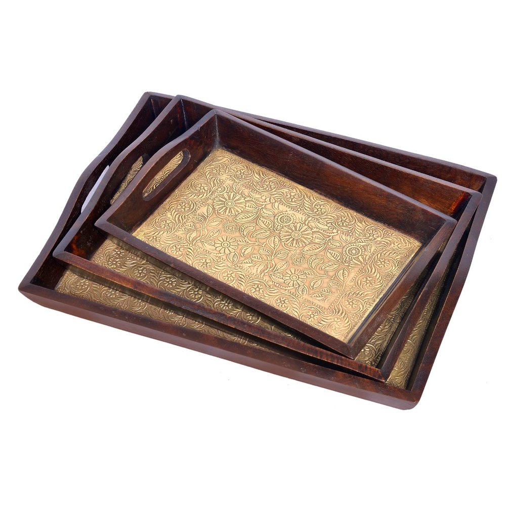Eurasia Antique Look Rectangle Brass FTD Tray Set / 3 pcs Decorated Wooden Handmade Service Tray