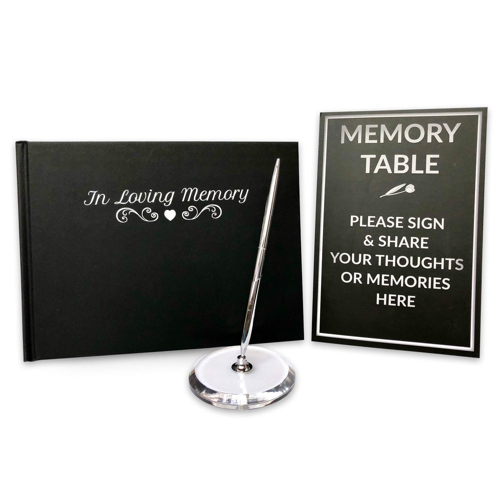 JC Classics Funeral Guest Book | Memorial Guest Book Hardcover | Guestbook for Sign In, Condolence | In Loving Memory in Silver Foil | Silver Pen and Memory Table Card Sign Included (Black-Plain)