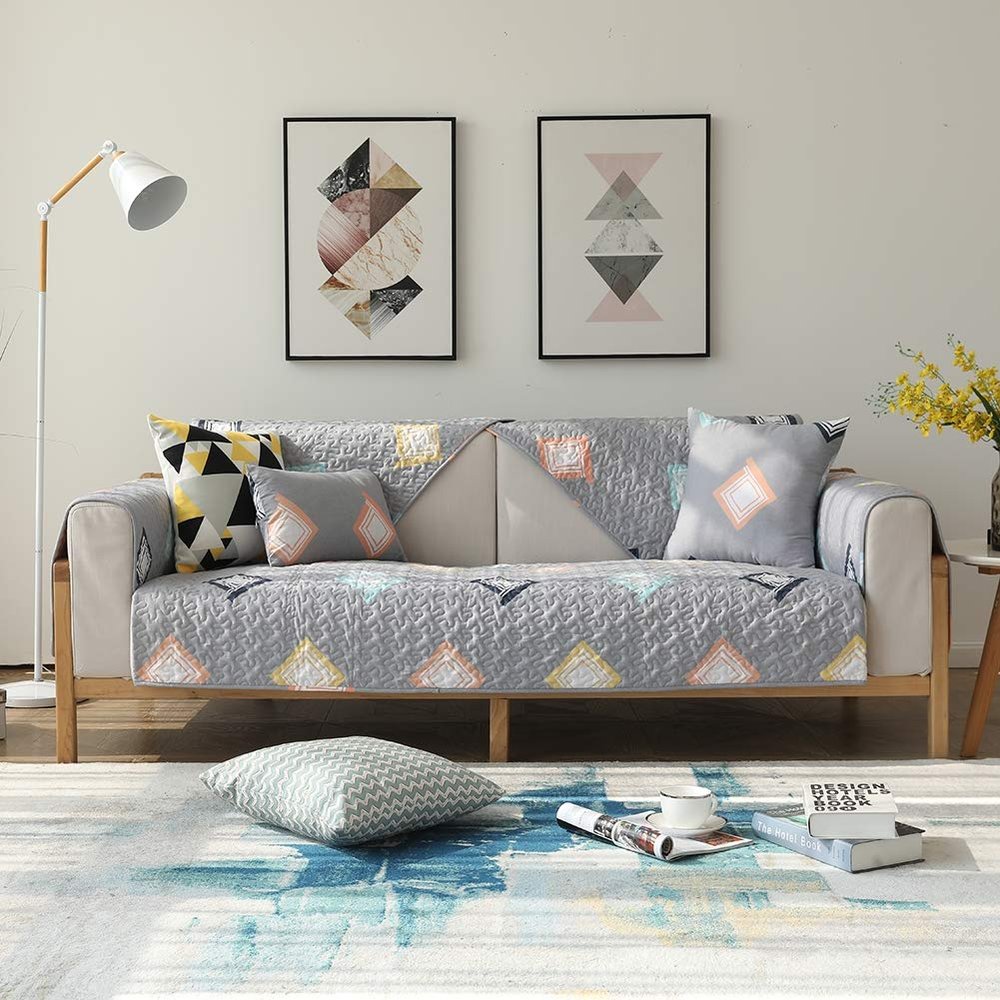 TALSOFA Grey Cotton Sofa Cover, Multi-Size Diamond Lattice Printed Thick Non-Slip Sofa Pad, Can Be Used for Pet Dog Segmented Sofa Cover (1Pc),70x150cm