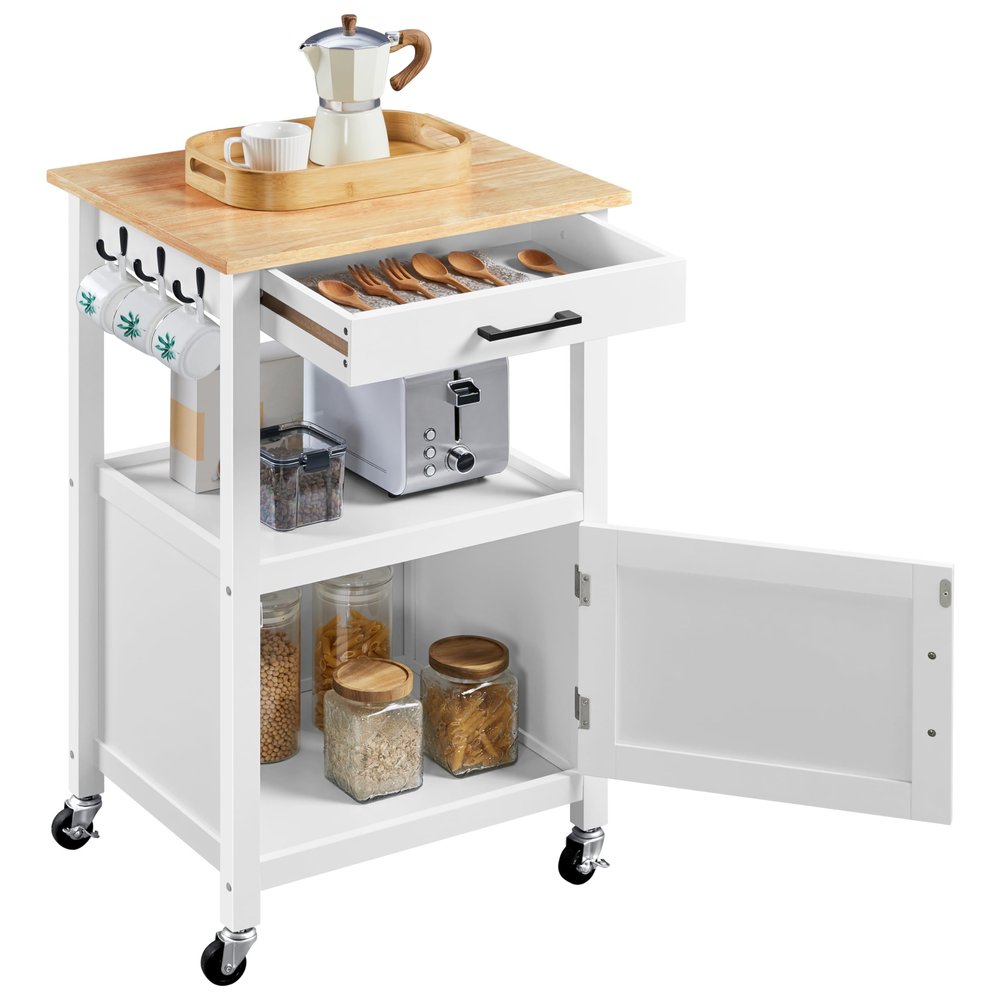 Topeakmart Rolling Kitchen Island Utility Cart on Wheels with Wood Top, Storage Drawer Shelf and Side Hooks, for Dining Rooms Kitchens Living Rooms, White
