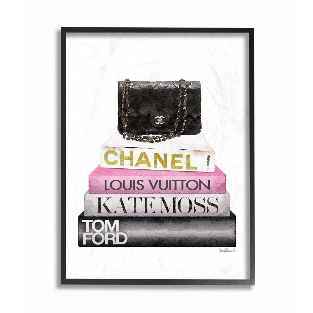 Stupell Industries Fashion Designer Purse Bookstack Pink Black Watercolor Framed Wall Art, Multi-Color