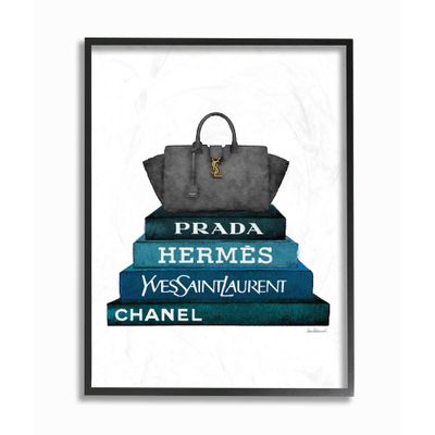 Stupell Industries Fashion Designer Purse Bookstack Blue Black Watercolor Framed Wall Art, Multi-Color