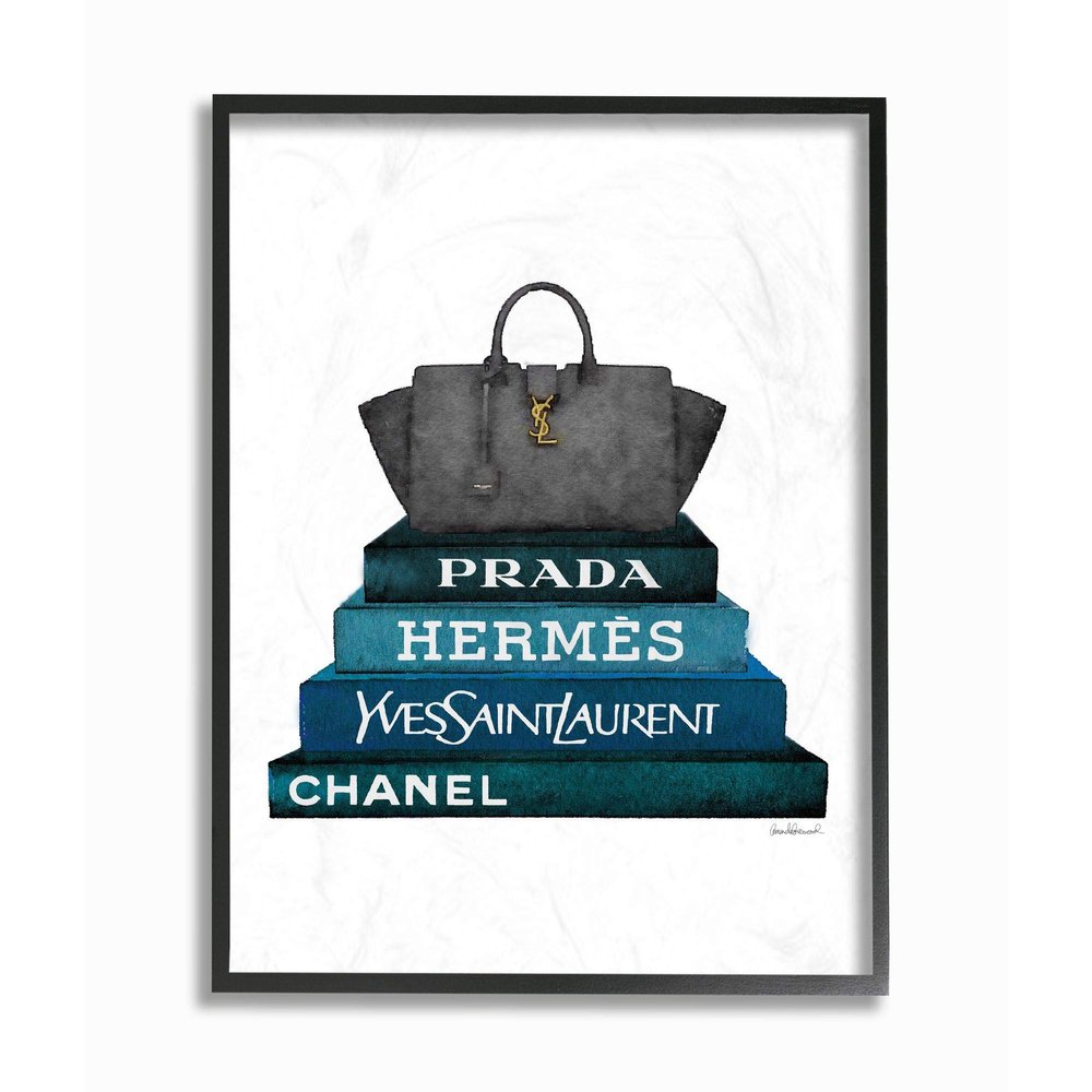 Stupell Industries Fashion Designer Purse Bookstack Blue Black Watercolor Framed Wall Art, Multi-Color