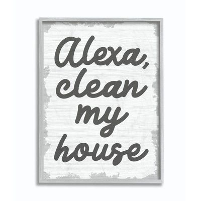 Stupell Industries Alexa Clean My House Funny Family Home Neutral Grey Word Design Framed Wall Art, Multi-Color