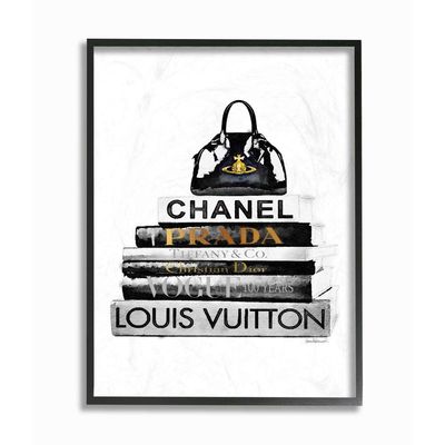 Stupell Industries Fashioner Purse Bookstack White Watercolor, Design by Artist Amanda Greenwood Wall Art, 11 x 14, Black Framed