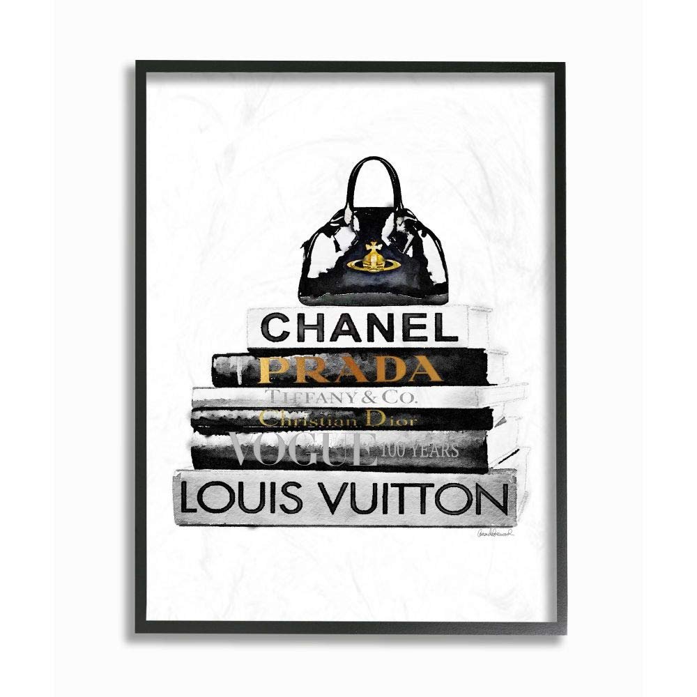 Stupell Industries Fashioner Purse Bookstack White Watercolor, Design by Artist Amanda Greenwood Wall Art, 11 x 14, Black Framed