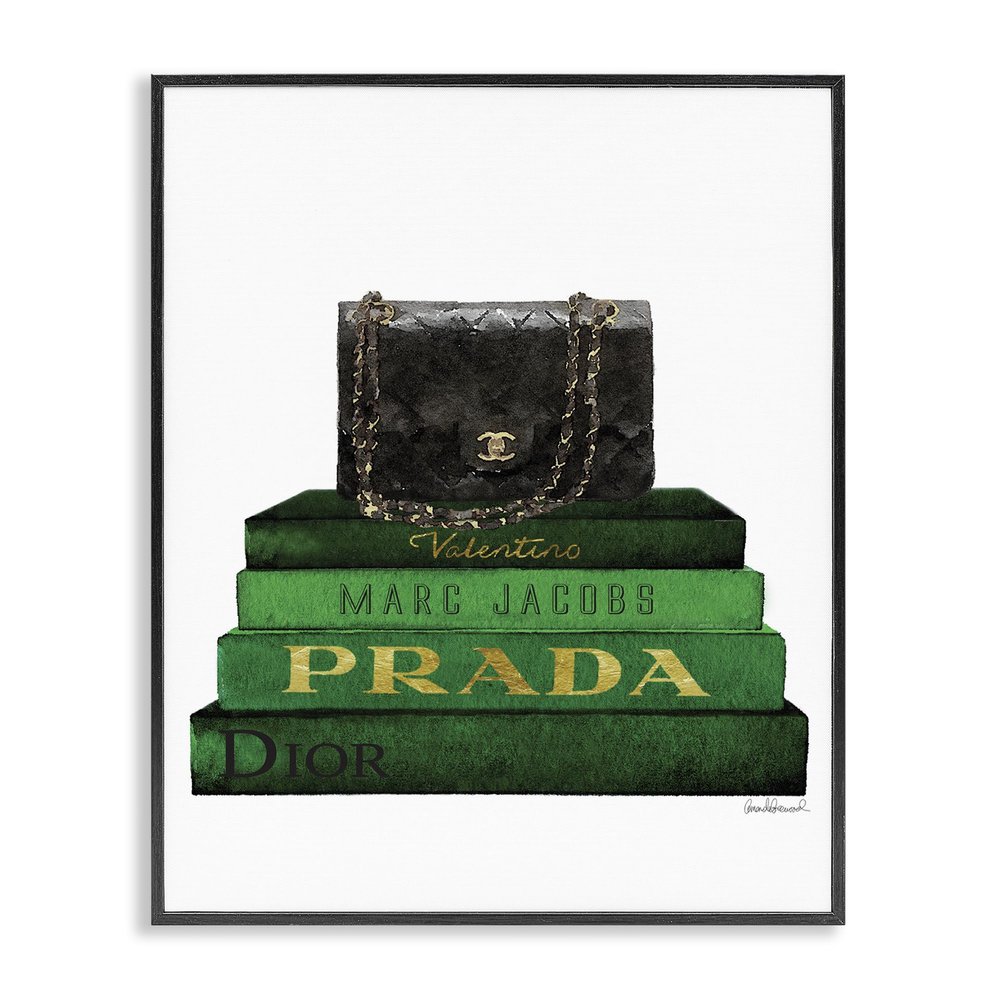 Stupell Industries 'Fashion Designer Purse Bookstack Green Black Watercolor ', Framed Giclee Art, Black, 11 x 14 Inches, Easy to Hang and Sturdy, Made in USA, by Amanda Greenwood