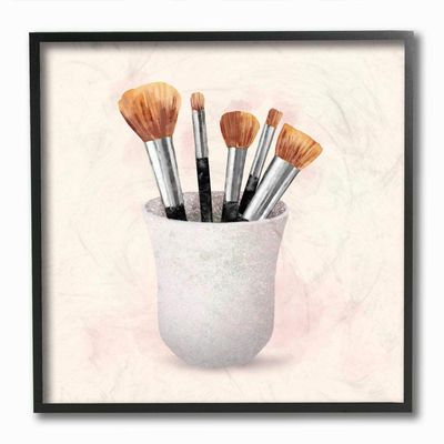 Stupell Industries Makeup Brush Cup Neutral Pink Grey Fashion Painting Framed Wall Art, Multi-Color