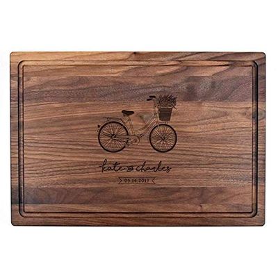 Flower Bike-Personalized Wooden Cutting Board for Kitchen Juice Groove Natural Custom Engraved in USA, Anniversary Wedding Housewarming for Couples (Walnut 11x17)