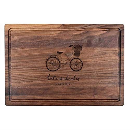 Flower Bike-Personalized Wooden Cutting Board for Kitchen Juice Groove Natural Custom Engraved in USA, Anniversary Wedding Housewarming for Couples (Walnut 11x17)