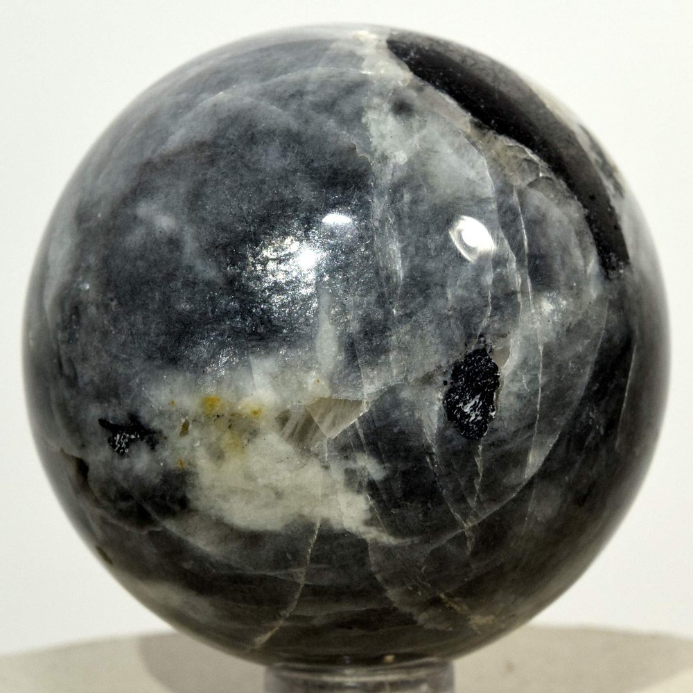 2.1" 205g Natural Silver Black Moonstone w/Tourmaline Sphere Polished Sparkling Feldpsar Gemstone Crystal Mineral Ball - India + Stand