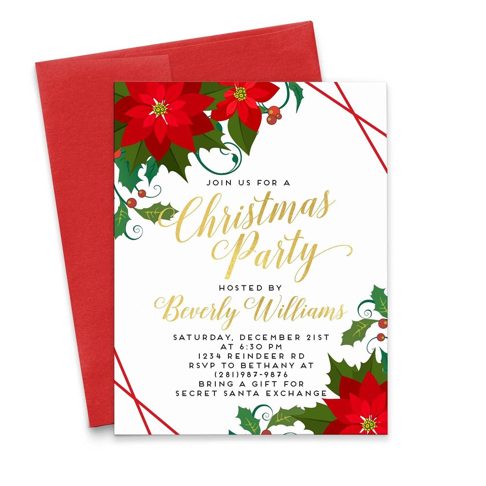 Modern Pink Paper Personalized Poinsettia Christmas Party Invitation, Elegant Christmas Party Invites, Your choice of Quantity and Envelope Color