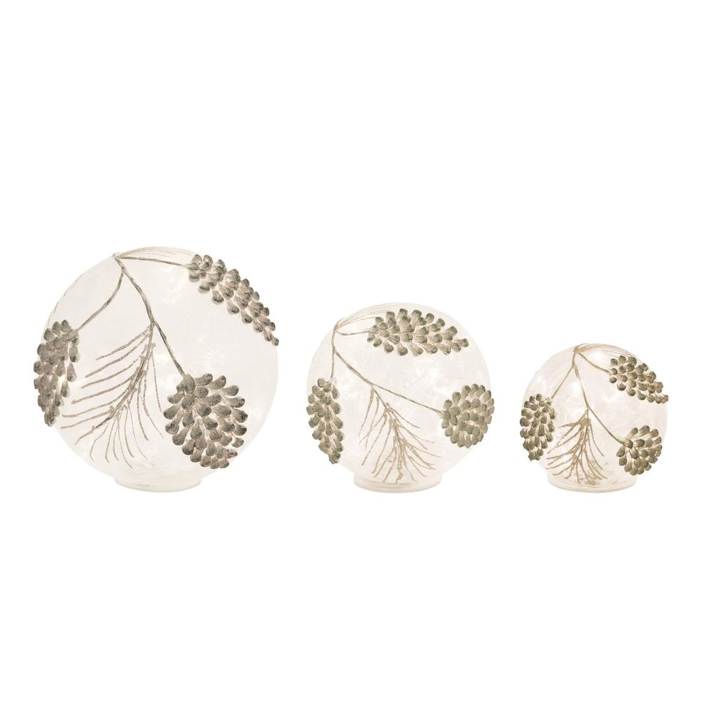 Melrose International Pine Cone Globes Set of 3 - LED Timer Orbs - Frosted Glass Holiday Decor Grey