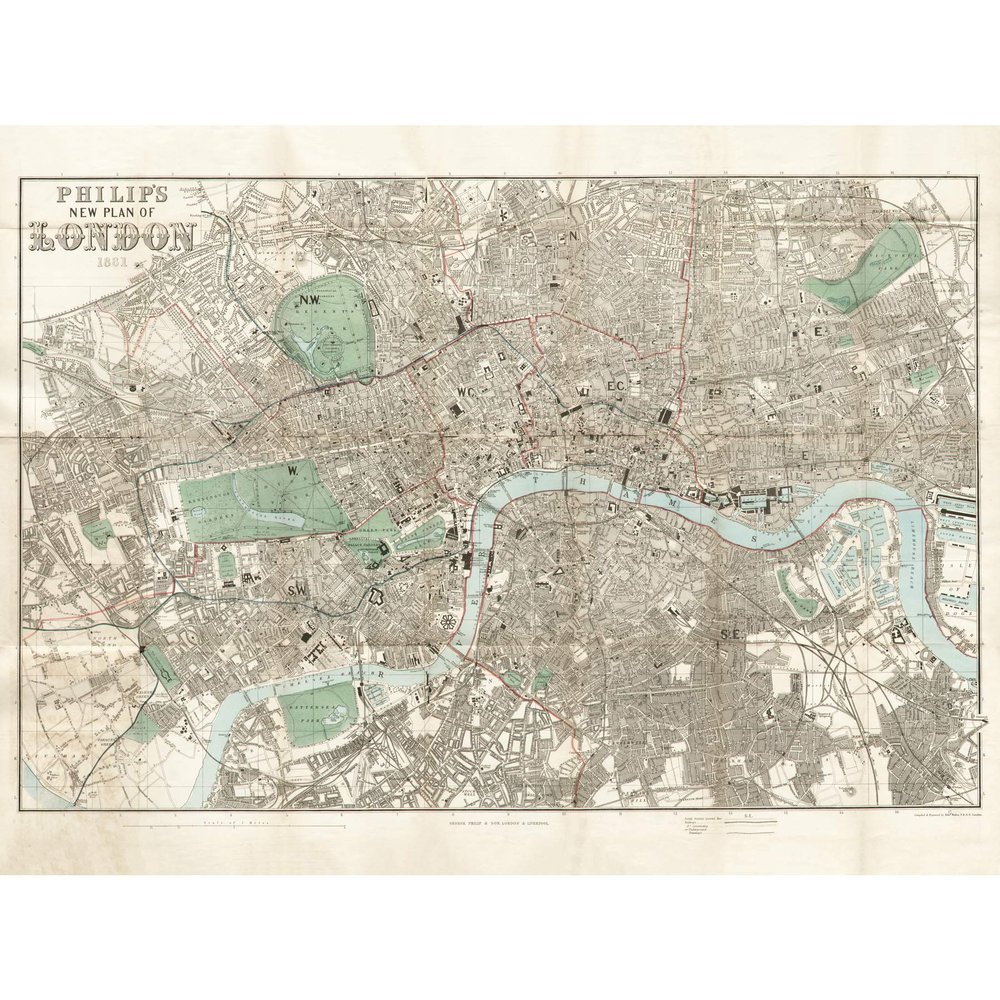 Artery8 Map Philip 1881 London City England Plan Chart Large XL Wall Art Canvas Print