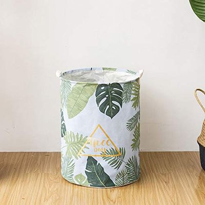 Laundry Baskets Green Leaves Tropical Cotton Linen Toy Storage Laundry Basket Large Capacity Printed With Handle Fold Bin