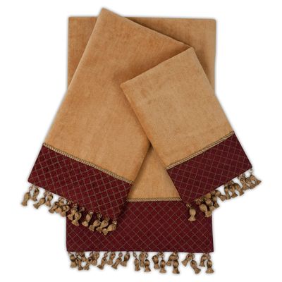 3-Piece Embellished Towel Set Red Geometric Cotton Microfiber