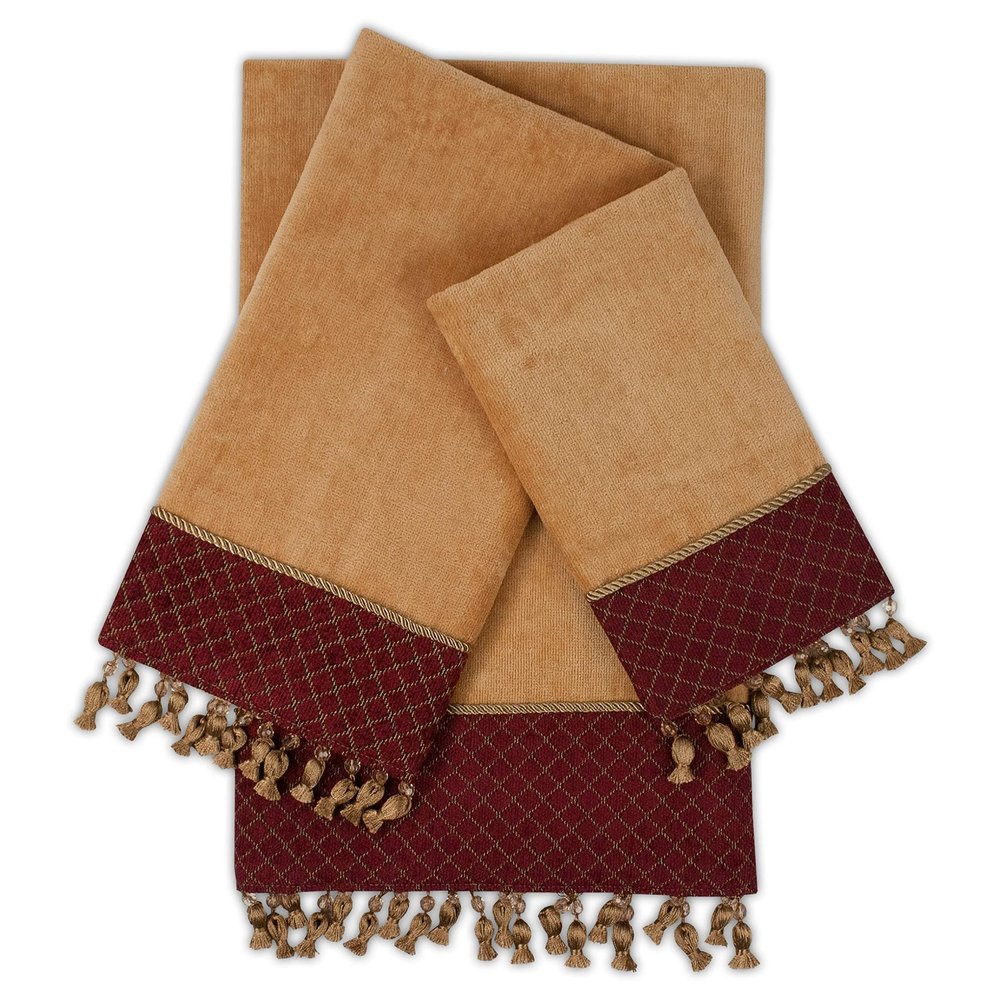 3-Piece Embellished Towel Set Red Geometric Cotton Microfiber