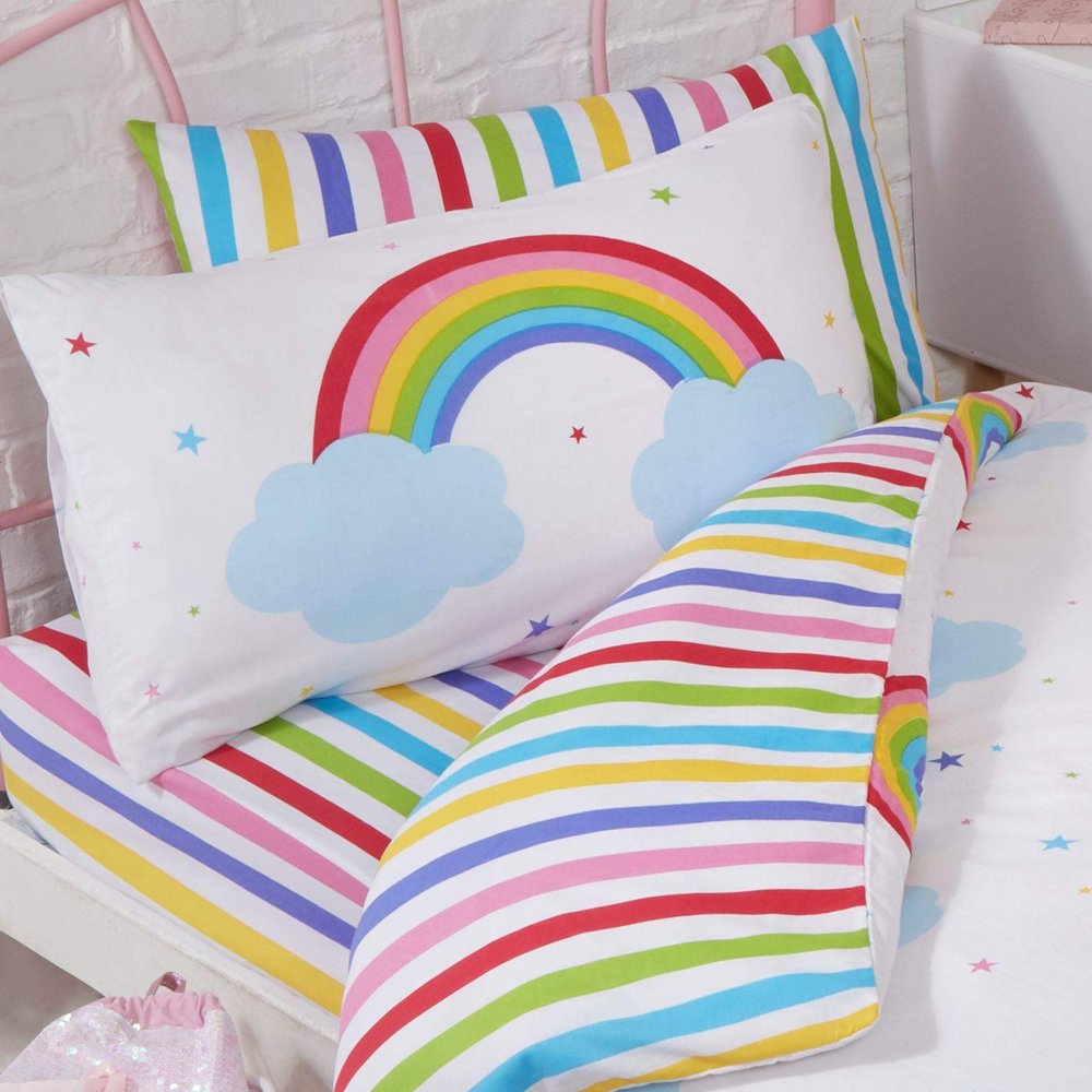 Price Right Home Rainbow Sky Striped Junior Toddler Bed Fitted Sheet and Pillowcase Set