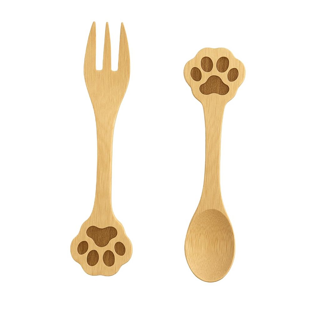 JB Home Collection, Set of 2 Dog Paw Bamboo Spoon and Fork, 5-Inch Mini Utensils for Appetizer, Dessert, Fruit, Ice Cream, Yogurt, Salt, Eco-Friendly Reusable Bamboo Tableware (1, 5-inch)